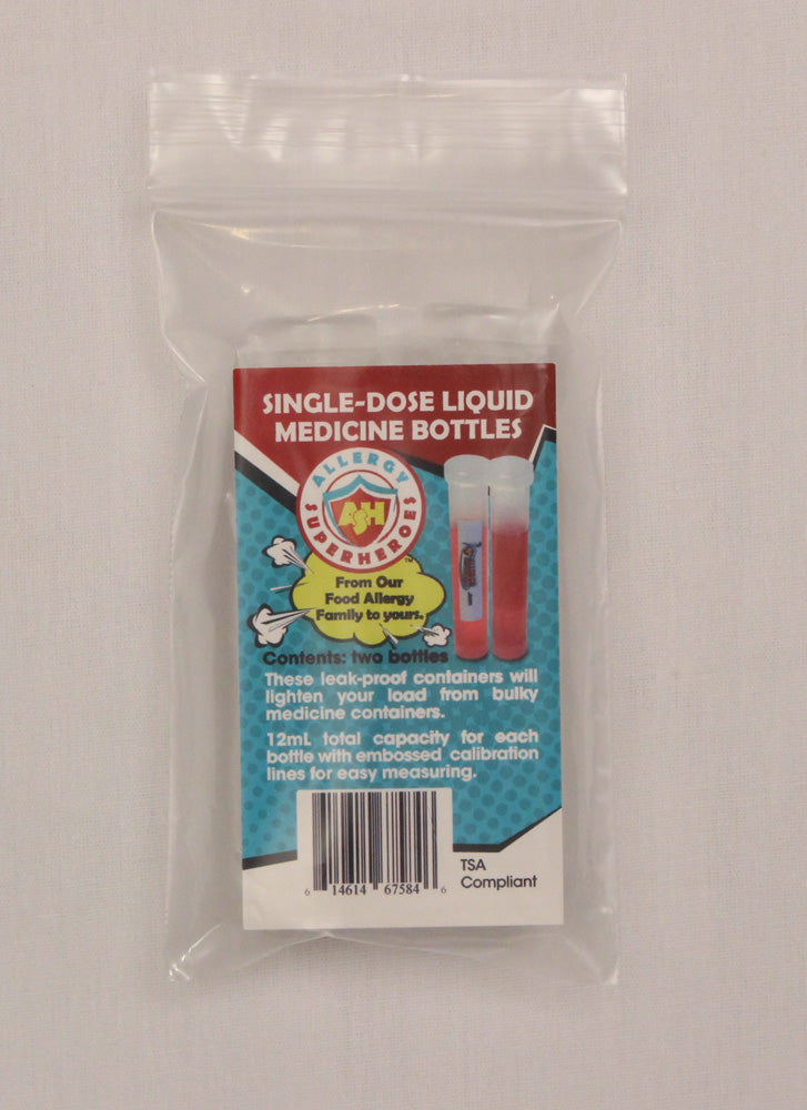 Single-dose Liquid Medicine Bottles Travel Size by food Allergy Superheroes.