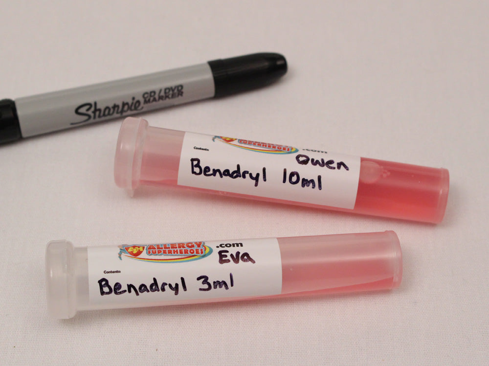 Single-dose Liquid Medicine Bottles Travel Size by food Allergy Superheroes.