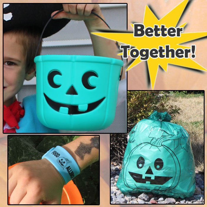 Teal Pumpkin Candy Bucket, Leaf Bag, and Glow-in-the-Dark Slap Band bundle by food Allergy Superheroes.