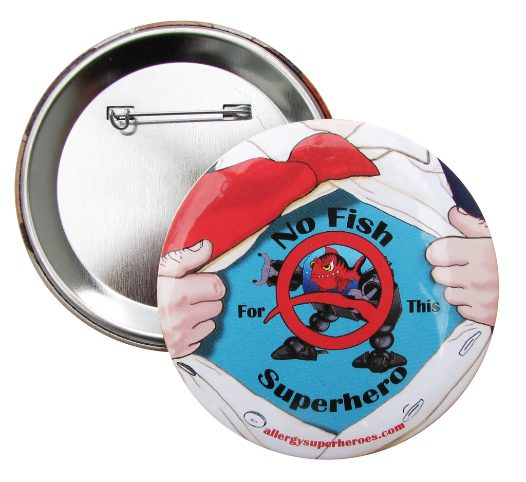 Fishazoid Fish Allergy boy button by food Allergy Superheroes.