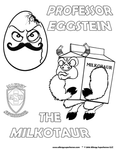 Professor Eggstein & Milkotaur Allergy Superheroes Coloring Sheet