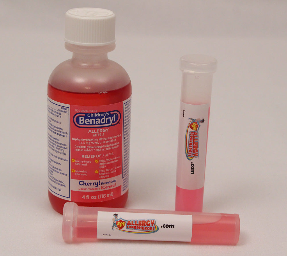 Single-dose Liquid Medicine Bottles Travel Size by food Allergy Superheroes.