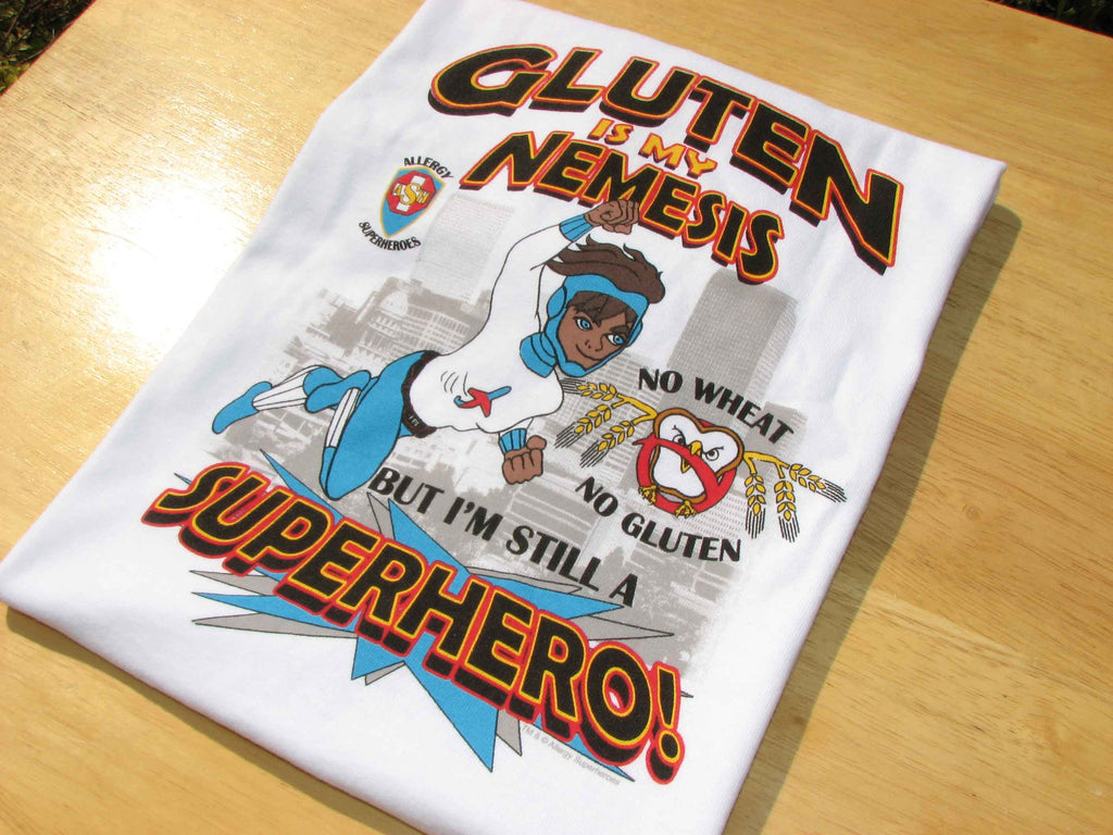 Celihawk Gluten Wheat Allergy T-Shirt featuring Jet Trail by food Allergy Superheroes.