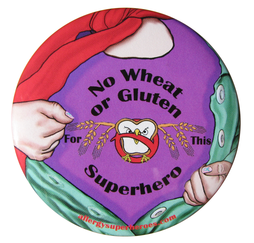 Celihawk Gluten Wheat Allergy girl button by food Allergy Superheroes.